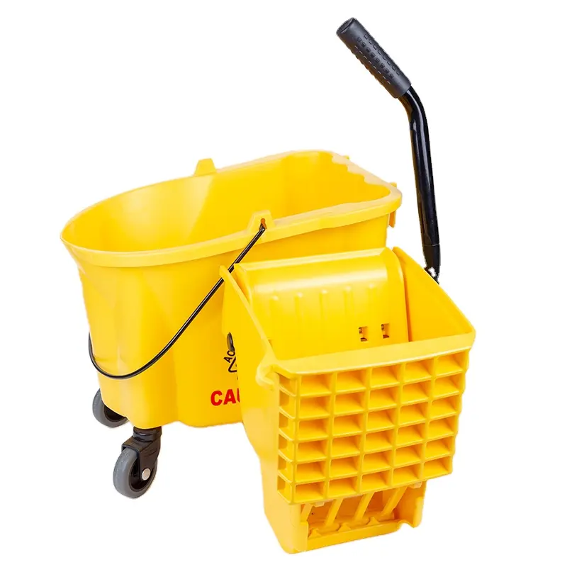 28L 7.5 Gallon Durable New PP Yellow Industrial With Side Press Wringer and TPR Casters Mop Bucket