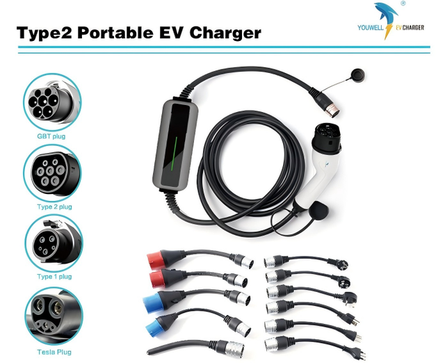 Portable EV Charger 3.5kW 7kW 11kW 22kW Type 2 Adjustable AC Fast Charging Station Replaceable Plugs 220V 380V