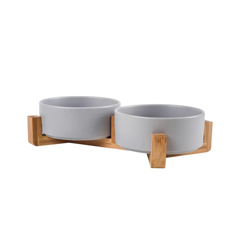 Customized Modern Style Designer Porcelain Pet Bowl Raised Luxury Ceramic Pet Cat Dog Bowl With Stand Wooden Frame