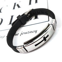 Bracelet croix en acier inoxydable noir avec fermoir manchette en silicone froid, bijou de poignet chrétien catholique