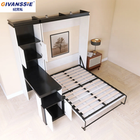 Lit mural vertical moderne et peu encombrant avec bureau intégré et étagère, design modulaire pliable, panneaux en bois de pin et mélamine, facile à assembler