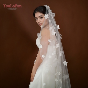 Yapan v243 एकल परत 3 डी ऑर्गेंज़ा फूलों के लिए रोमांटिक शादी का घूंघट - Product Image 1