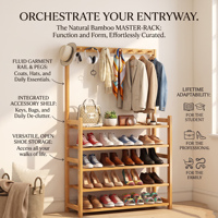 Porte-manteau et étagère à chaussures tout-en-un en bambou pour entrée, avec 5 niveaux de rangement pour chaussures et double barre de suspension à crochets, idéal pour couloirs et vestiaires très fréquentés