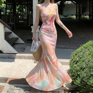 เดรสยาวทรงเมอร์เมดพิมพ์ลายดอกไม้สีสันสดใส สายเดี่ยว ดีไซน์เซ็กซี่เข้ารูป สไตล์วันพักผ่อน - Product Image 5