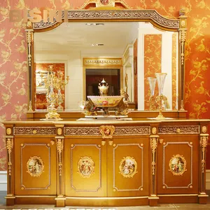 Luxury French Louis XV Style Golden Sideboard With Mirror/ European Dining Room Wood Carved Cupboard/ Buffet Cabinet & Mirror