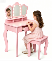 Ensemble de coiffeuse pour enfants en bois rose avec tabouret, miroir à lumière LED, 1 tiroir et étagères pour filles