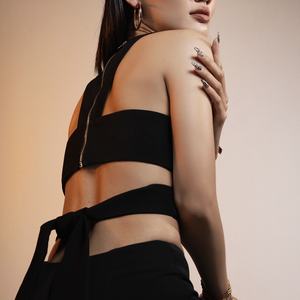 Vietnam marca recortada cuello Halter sin mangas Top algodón mezclado Regular Fit mujeres conjunto por encima de la rodilla ropa de uso diario - Product Image 3