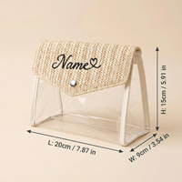 OEM Personalisierte Sommer-Strand-Stroh-Gewebte Transparente PVC-Umschlagtasche mit Druckknopf Bestickte Reise-Toilettenartikel-Kosmetiktasche
