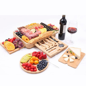 Bamboo <b>Cheese</b> Board 3-Drawer <b>Set</b> With <b>Knife</b> And Dipping Bowl For Serving And Storage - Product Image 1