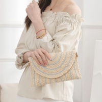 Sac à bandoulière en paille marron écologique vintage avec pompon, fermeture à rabat, décontracté, fait main, pour la plage, pochette enveloppe, portefeuille pour femme