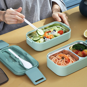 Rectangular Single Layer Sealed <b>Lunch</b> <b>Box</b> With Lid Plastic Stainless Steel Inner Liner Includes Cutlery For Daily Use - Product Image 2