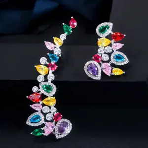 CZ Rainbow Color Water Drop Long Asymmetrical Ear Climber Clamp Cuff Stud Earrings for Wife Sister Gift Unique Design