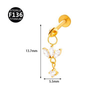 Piercing de lèvre et de cartilage d'oreille en Titane ASTM F136 fileté intérieurement de 0,9 mm, avec chaîne et zircon serti en forme de cerf-volant