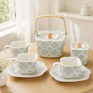 Service à thé et café carré en porcelaine LEXI au design classique, pot à sucre et crème, blanc, durable, capacité 880 ml, logo personnalisable, bois - Product Image 1