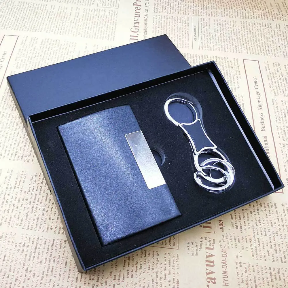 Özel anahtarlık PU deri kartvizit kutusu cep kart sahipleri Metal RFID engelleme kartvizit taşıyıcı hediye seti