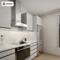 Armoires de cuisine sur mesure à finition brillante, design minimaliste, aménagement en îlot, boîtes d'armoires en panneaux mélaminés et dimensions personnalisées