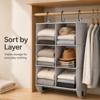 Organiseur de penderie suspendu à six compartiments avec étagères en tissu pliables, crochets et barre à vêtements pour le rangement de la chambre