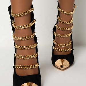 Western Style Zipper Stiletto Women Dress Shoes Metal Chain Decorate Pointed Toe <b>Black</b> Fashion High Heels Women <b>Pumps</b> - Product Image 5