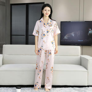 2025 été grande taille femmes imprimé fleuri Satin-comme taille élastique respirant léger à manches courtes pyjama ensemble polyvalent - Product Image 6