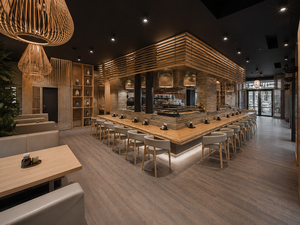 การออกแบบร้านอาหารซูชิสไตล์วาบิซาบิแบบญี่ปุ่นสมัยใหม่ พร้อมเฟอร์นิเจอร์ไม้เชิงพาณิชย์ที่ออกแบบตามสั่ง และการตกแต่งบาร์ซูชิแบบเปิดโล่ง - Product Image 4