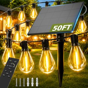 Guirnalda de Luces Solares de 15 Metros para Exteriores, Luces LED Atenuables para Patio con Control Remoto, Bombillas Resistentes a Impactos, Decorativas - Product Image 1