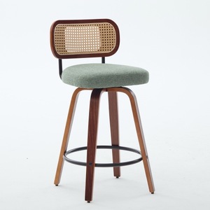 Set 3 26-Inch Counter Height Adjustable Bar Stools-Walnut Black Cane Rattan Back <b>Light</b> Green Linen Upholstered Seat Hotel Dining - Product Image 3