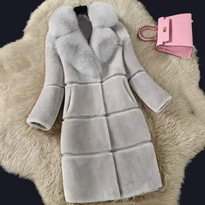 Women's Fur Coats Faux Fox Fur Collar Winter Fashion Gray Women Elegant Fur Jacket Thick Warm Outerwear