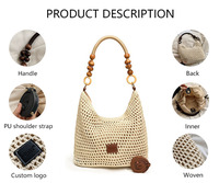 Sac seau à bandoulière en corde tressée couleur crème, motif maille nouée, élégant et luxueux, modèle 3312 H, idéal pour le quotidien et les courses.