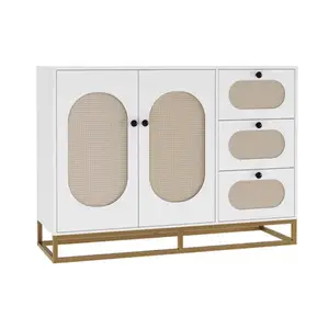 High Quality Sideboard With Strong Metal Frame Natural Rattan Decor On Front Door 3 Drawer Server Cabinet