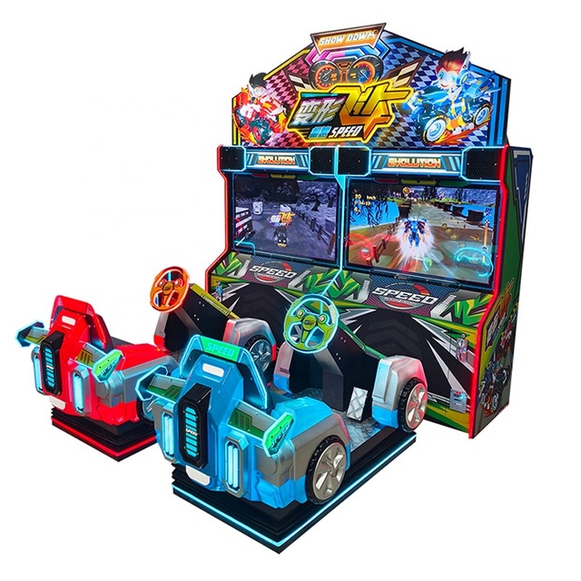 Coin Operated Dynamic Transforming Kids Cyberpunk Style Car Dual Screen Racing Arcade Machine Real Racing Grade Steering Wheel