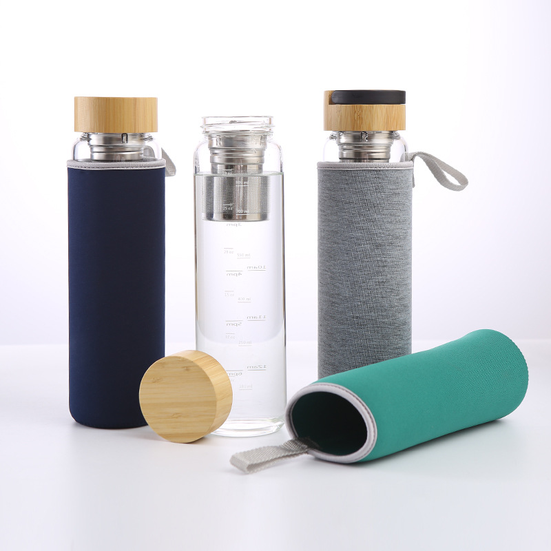 750~1000ml Bamboo wood cover high borosilicate single-layer glass with tea influser outdoor sports water bottle