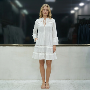 White Boho Mini <b>Dress</b> With Ruffle Sleeve Lace Detail <b>Elastic</b> Waist Loose Fit Full Sleeve Summer Casual <b>Dress</b> - Product Image 1