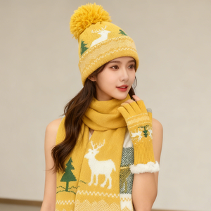 Ensemble de chapeaux d'hiver pour <span class=keywords><strong>femme</strong></span>, bonnet en tricot épais de Noël, bonnet en tricot épais, ensemble de chapeaux et de gants doublés en polaire, <span class=keywords><strong>cadeau</strong></span> emballé - Product Image 2