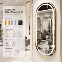 Miroir de salon ovale à cadre doré avec LED, miroir mural pleine longueur, miroir de coiffure avec éclairage tactile pour salon de beauté