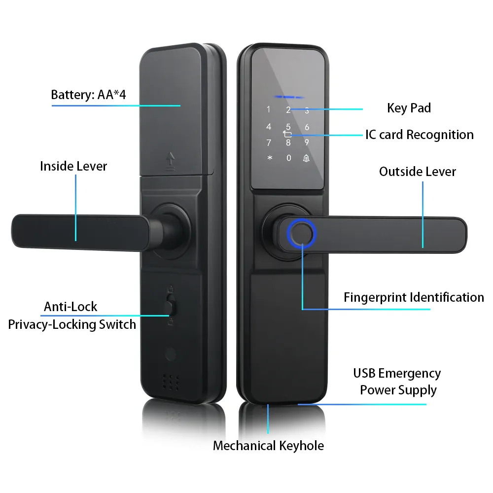 טביעת אצבע מודרנית כרטיס IC נעילה חכמה דלת 5050 מורטיז טויה פאנל ביתי כניסה נעילה חכמה מנעול דלת אבטחה חכם אלומיניום