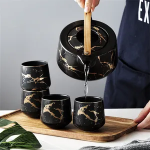 Высококачественный чайник с деревянной ручкой черный белый мраморный фарфоровый чайный набор с бамбуковым подносом
