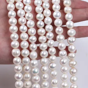 Hilo de perlas de agua dulce con forma de patata, Color Natural, 9-10mm, venta al por mayor, fabricación de joyas