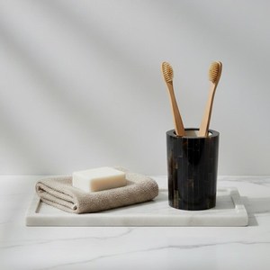 Modern Bamboo <b>Toothbrush</b> <b>Holder</b> with Polished Black Resin Cup Bathroom Decor Minimalist Bamboo and Resin Storage Cup - Product Image 2