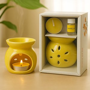 Vanilla Ceramic Scent Diffuser <b>Gift</b> <b>Set</b> with Fragrance Oil and Tealight <b>Candle</b> OEM Aromatic Home Decor Collection - Product Image 1