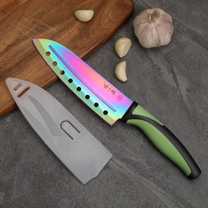 Ensemble de couteaux de <span class=keywords><strong>cuisine</strong></span> 5 <span class=keywords><strong>ernesto</strong></span> en acier inoxydable revêtu de titane lames arc-en-ciel Chef Santoku pain Steak sculpture poignée verte - Product Image 3
