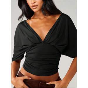 Chemisier court ajusté à col en V profond pour femme, manches courtes, doux, froncé, décontracté - Product Image 4