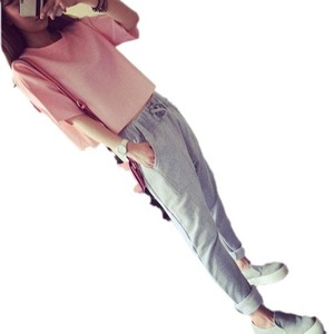 Pink T-Shirt Gray Harem Pants Two-Piece Set Women Casual Knitted Sportswear Short Sleeve Solid Color Splicing Style - Product Image 4