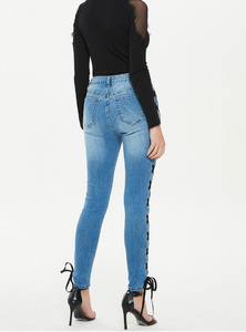 Jeans skinny <span class=keywords><strong>taille</strong></span> <span class=keywords><strong>haute</strong></span> sexy pour femmes, pantalon en denim bleu clair, jeans slim à lacets pour femmes, jeggings - Product Image 2