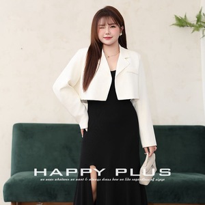 Blazer court pour femme grande taille Happy Plus, couleur unie, tissu tissé avec poche, élégant, noir, blanc glacier, N8858 - Product Image 3