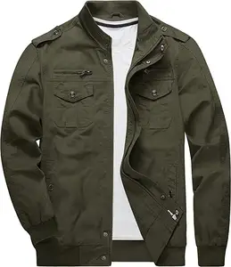 Men's Between-Seasons Light Weight Outdoor Coat with Stand-Up Collar Multiple Pockets Bomber Field Jacket