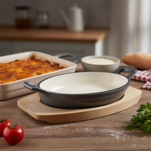 Mini casseruola ovale grigio lava con supporto in legno per cuocere e servire - Product Image 3