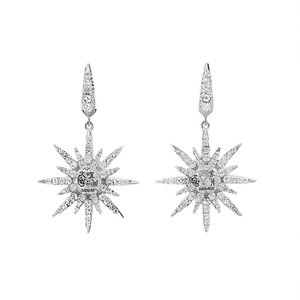 Boucles d'oreilles de luxe en or blanc et diamants pour femmes, bijoux de fête, diamant naturel rond taille brillant, bijoux fins en argent - Product Image 1