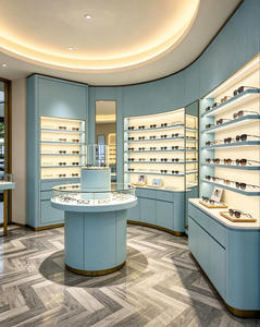 Luxury Optical Store Design Custom Eyewear Shop Fixtures Blue Gray <b>Display</b> <b>Cabinet</b> Brass Metal Glass Retail Interior Solution - Product Image 1