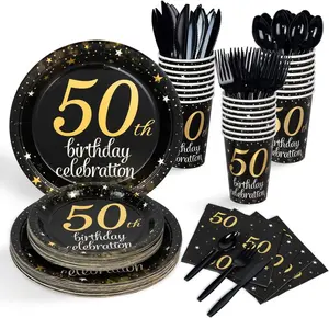 50 생일 접시와 냅킨 제공 24 50 생일 장식 남자 컵 냅킨 나이프 포크 숟가락