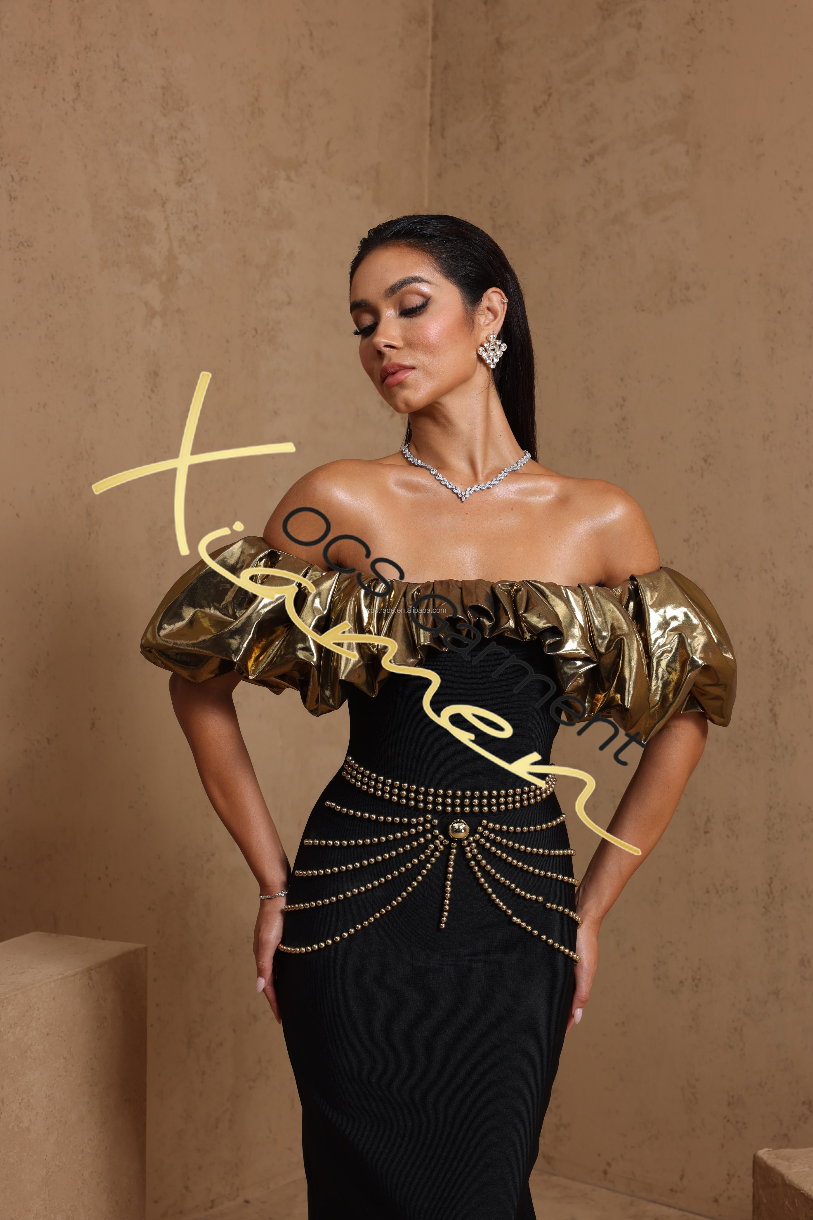 Ocstrade Black Off-shoulder A-line Maxi Dress With Crystal Beading Ocstrade Black Off-shoulder A-line Maxi Dress With Crystal Beading